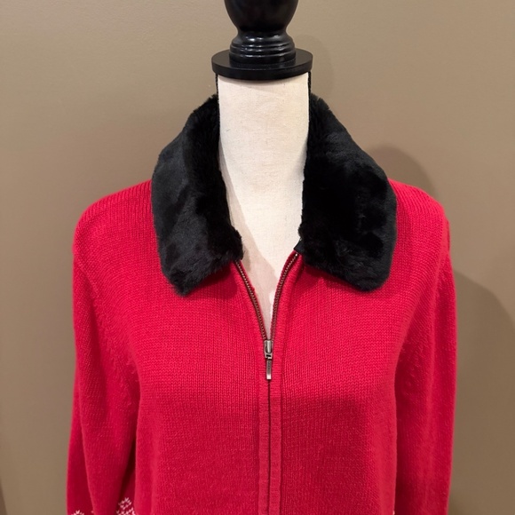 Croft & Barrow Festive Snowflake Christmas Faux Fur Cardigan Sweater, Size XL - Picture 2 of 12